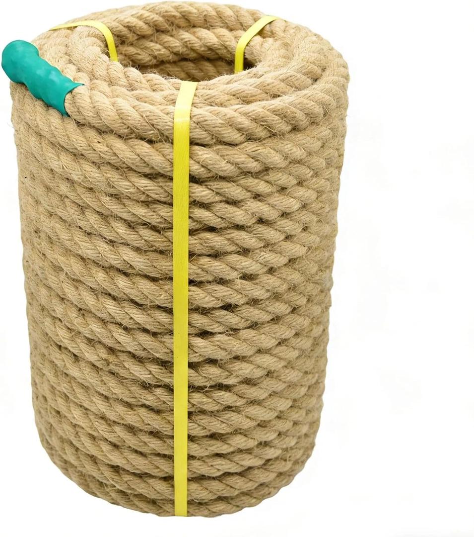 Jute Rope Natural Jute Manila Rope Nautical Hemp Ropes Twisted Natural Thick Heavy Duty Ropes for Crafts, Bundling,Anchor, Hammock, Nautical, Tug of War, Railings,Decorate (1-1/2 in X 100 Ft)