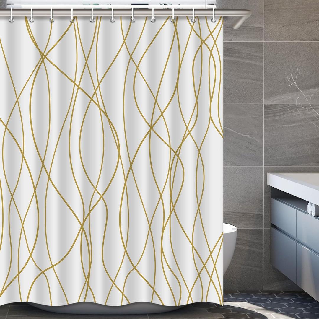 Gold Light Brown and White Striped Wavy Line Polyester Shower Curtain for Bathroom with Hooks, Extra Long Shower Curtain Set Decor Weighted Hem Washable, 72 x 78