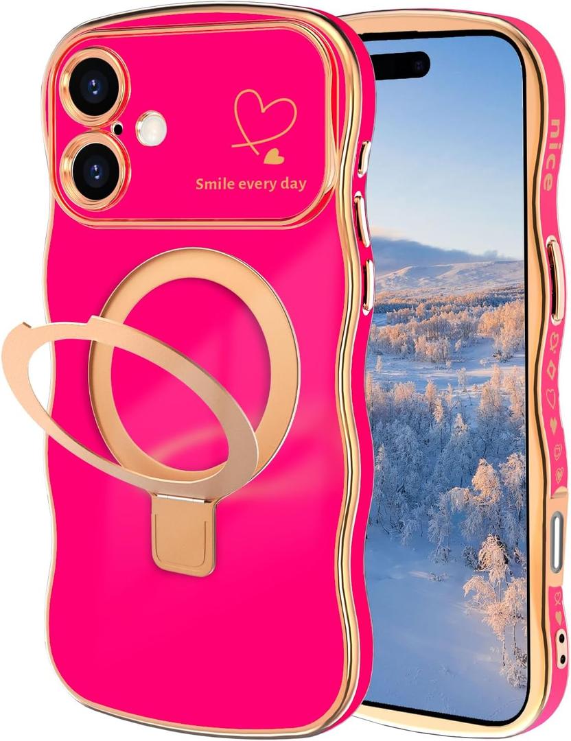 for iPhone 16 Magnetic Case with Stand, Luxury Electroplating Shockproof Wave Curly Frame and Heart Pattern, Lens Edge Raised Protection for iPhone 16-Rose Red