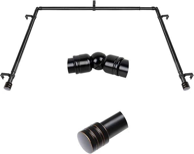 Bay Window Curtain Rods, HOTOZON 7/8 Inch Heavy Duty Curtain Rods for Bay Windows 4884 Inch(Center Rod), 3258 Inch Side Rods for Windows, Black, Decorative Drapery Rod with End Cap Finials