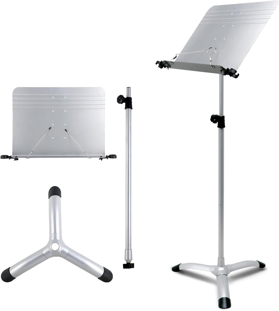 RANMING Music Stand Heavy Duty Music Stand Dual-Use Folding Sheet Music Stand Adjustable Music Note Stand with Microphone Holder Conductor's Sheet Music Stand for Violin,Orchestra (Grey) (66.9inch, Gray)