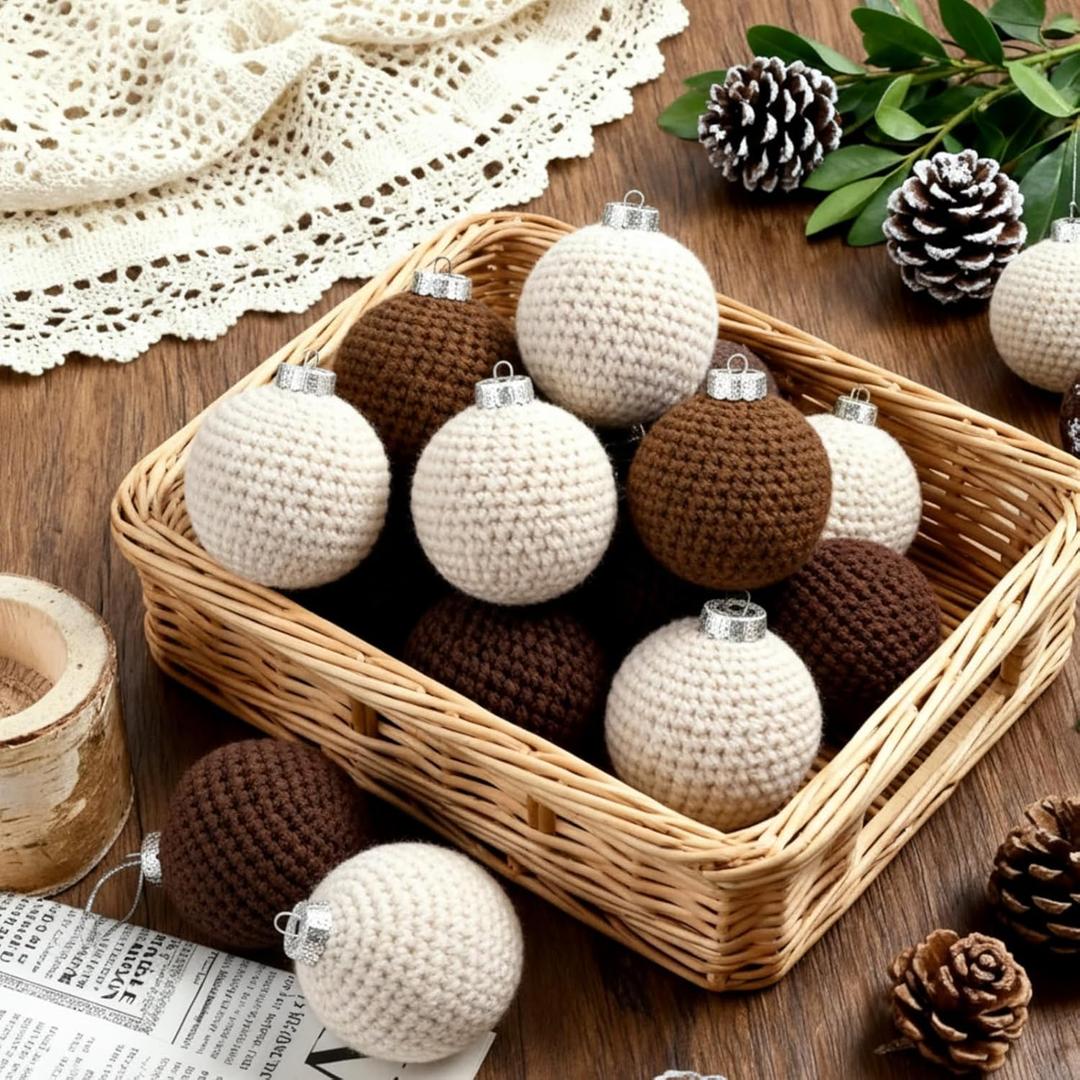 Soulchen 12 Pcs Neutral Christmas Crochet Ornaments 2.36" Boho Farmhouse Christmas Tree Hanging Balls Handmade Vintage Rustic Knitted Ornaments for Xmas Tree Holiday Decor(Beige, Khaki, Brown)