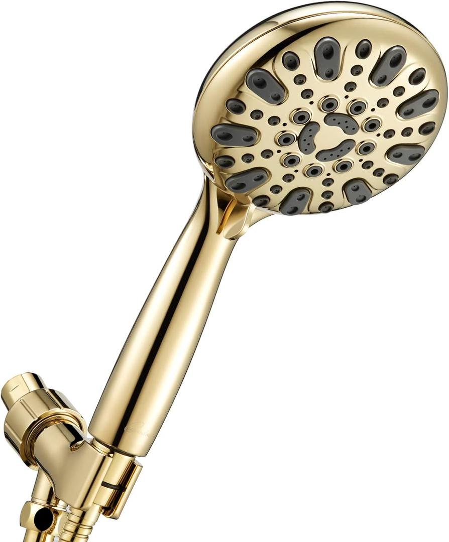 Handheld Shower Head, 6 Spray Setting High Pressure Shower Head with Brass Swivel Ball Bracket and Extra Long Stainless Steel Hose, Polished Brass, 5"
