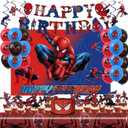 52pcs Spider Birthday Decorations Pack - Cartoon Spider Party Decorations Supplies with Balloons, Banner, Backdrop, Cake/Cupcake Toppers, Hanging Swirls & Tablecloth
