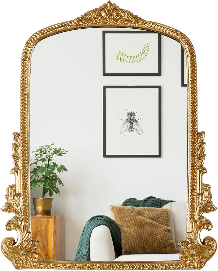 Gold Arched Mirror (15.9 * 19.8 inches) Ornate Baroque Arch Wall Mirror-for Living Rooms, Hallways, Fireplaces, Bathrooms, Entryways