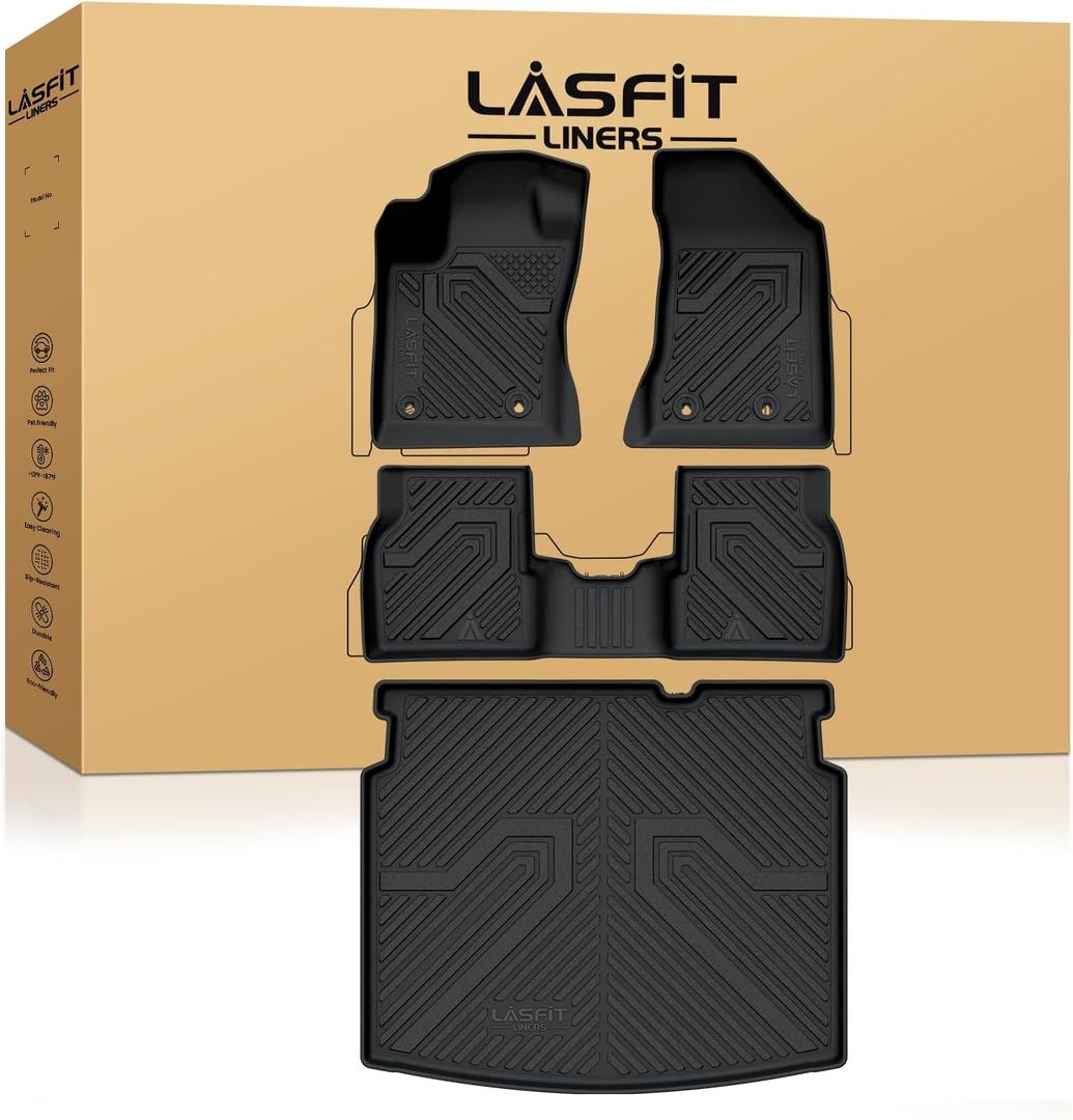 LASFIT Floor Mats for Jeep Compass 2025 2024 2023 2022 2021 2020 2019 2018 2017, All Weather TPE Custom Fit Floor Liners Cargo Mat Trunk Liner Full Set 4 PCS Accessories for Compass Black