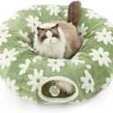 Lesure Cat Tunnel Bed for Indoor Cats - Cute Cat Donut Tunnel Toys with Washable Circle Cushion, Round Pet Peekaboo Cave Toy for Kitten/Puppy/Rabbit, Green (Standard)