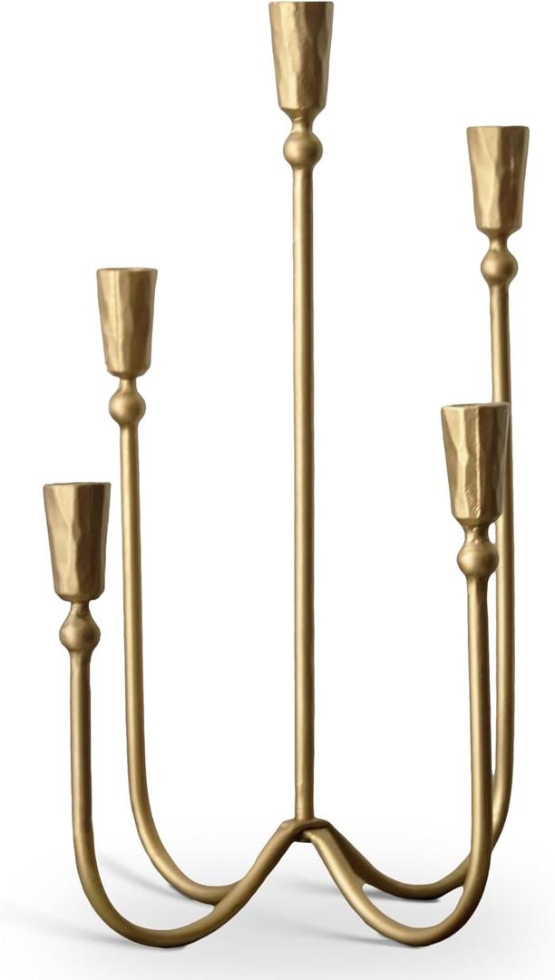 Large Iron Candelabra Centerpieces for Tables, 17.7'' Tall Taper Candle Holders, Vintage Brass Gold Candlestick Holders, Antique Fireplace Mantel Decorations for Living Room, 5 Arms