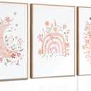 3Pcs Pink Wildflower Wall Art Sun Moon Canvas Posters Prints Bohemia paintings Rainbow Pictures Wall Decor Artwork for Girls Bedroom Children Room Decoration Unframed (12x16)