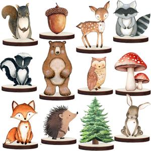 12 Pcs Painted Woodland Animals Wood Table Centerpieces Cutout Shapes Woodland Baby Shower Decorations Wild Creatures Wood Table Topper for Forest Camp Party Supplies