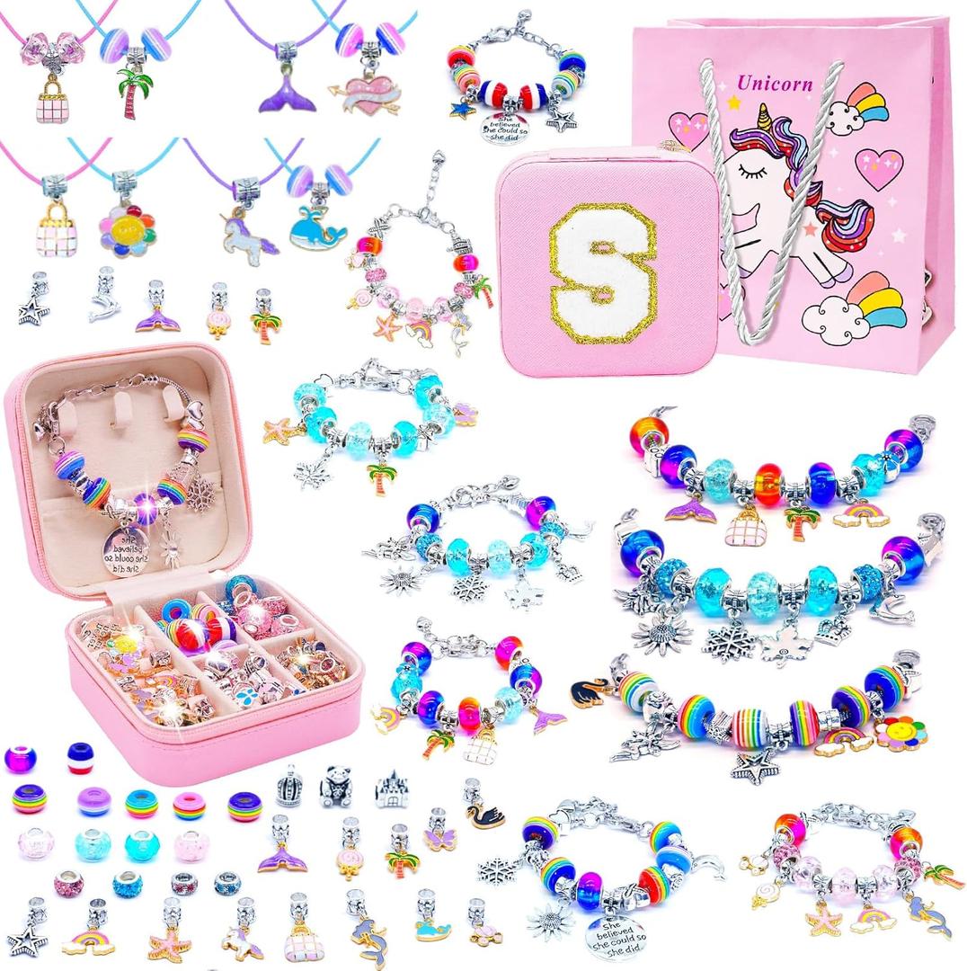 SUREHOME Charm Bracelet Making Kit Girls Christmas Gifts Unicorn Toy Jewelry Making Kit 8-12 Personalized Gifts for Ages 6 7 8 9 10 11 Year Old Girls Birthday Stuff Art Craft Supplies - Initial Box S