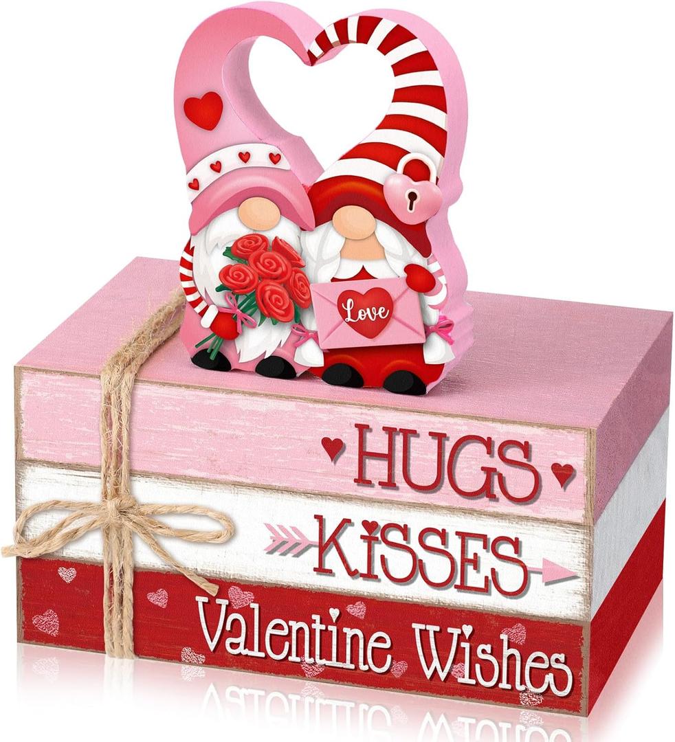 Geelin 4 Pcs Valentine Decorations Valentine Tiered Tray Decoration Wooden Gnome Book Stack Signs Ornament Vintage Table Decoration for Home Office Table Shelf Centerpiece Farmhouse Decorations