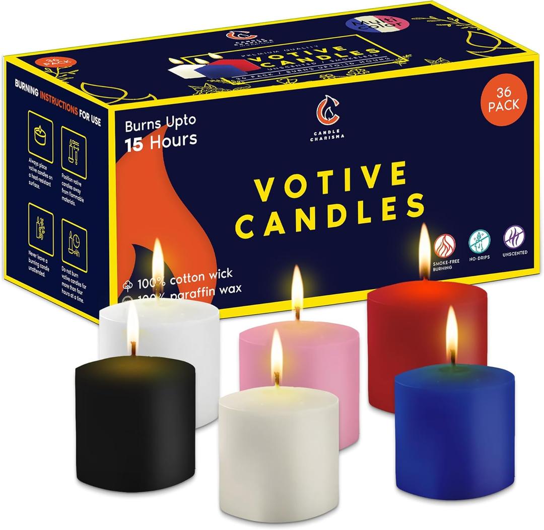 Candle Charisma Multicolor Unscented Votive Candles - 15 Hour Burn time - Set of 36 for Dinner, Wedding, and Holiday Decorations