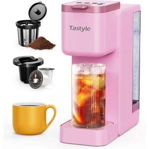 Single Serve Hot & Iced Coffee Maker with Strong Brew, 40oz Removable Reservoir, 6 Brew Sizes, Compatible with K Cup and Grounds, Compact for Home, Office, RV and Dorm, Pink (2.0 Version)
