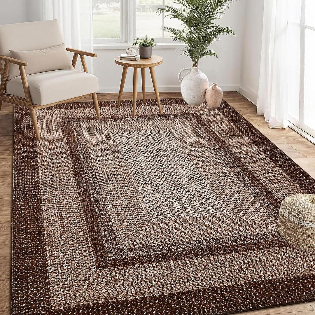 RUGSREAL 3x5 Area Rug, Washable Rug for Bedroom Braided Printed Throw Mat, Living Room Rug Non Slip Stain Resistant Small Dining Room Carpet, Rustic Accent Small Carpet for Entryway Home Decor, Brown