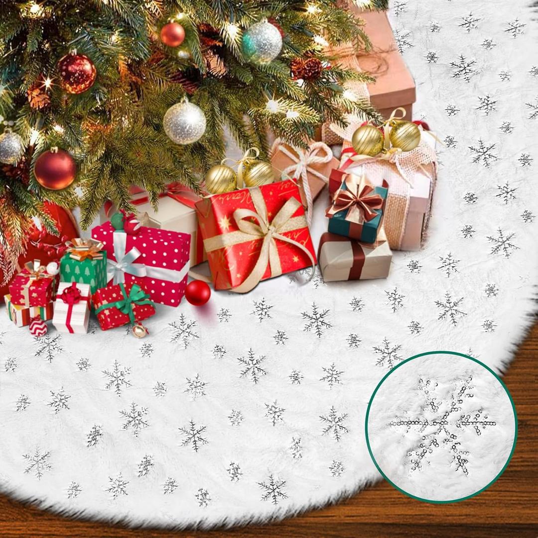 72 inch Christmas Tree Skirt, White Faux Fur Tree Skirts Thick Soft Christmas Ornaments, Extra Large Xmas Tree Skirt for Christmas Home Decorations Xmas Party Holiday Decorations