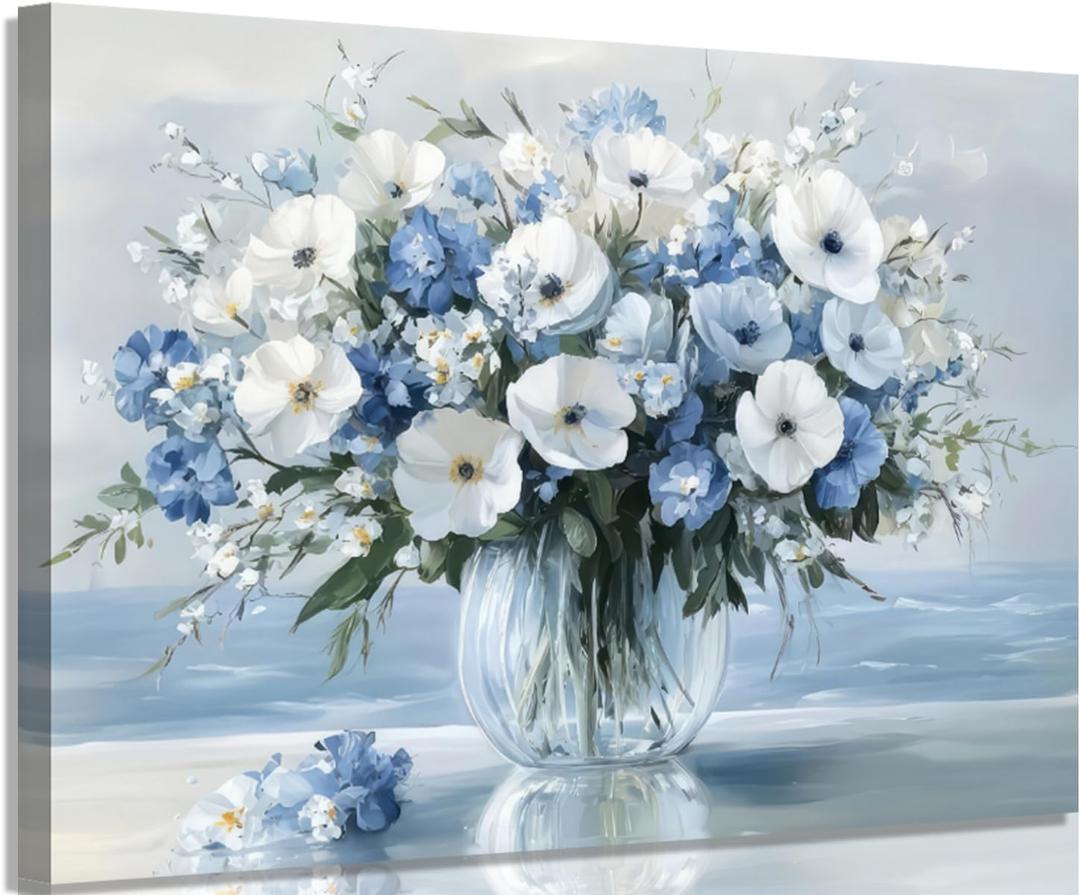 1Pcs Vintage Flowers Canvas Wall Art Blue Beach Pictures Blossom Bathroom Wall Decor Modern Blue Ocean Background Artwork Prints Hanging in Office Dining Room Kitchen Bedroom16X24in Frame (Blue Art, 16x24in, Framed)