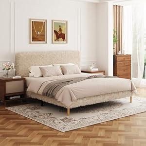 viplov King Size Platform Bed Frame with Adjustable Headboard, Anti-Collision Soft Rounded Corners, Flannel, No Box Spring Needed, Easy Assembly, Noise Free, Cream