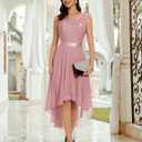 BeryLove Sequin Wedding Guest Formal Cocktail Dresses Prom Party Lace High Low Bridesmaid Elegant Dress (Pink, XXL)