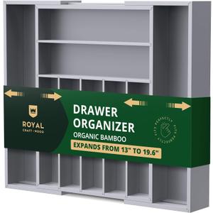 ROYAL CRAFT WOOD Luxury Bamboo Kitchen Drawer Organizer - Silverware Organizer - Utensil Holder and Cutlery Tray with Grooved Drawer Dividers for Flatware and Kitchen Utensils (9 Slot, Gray)