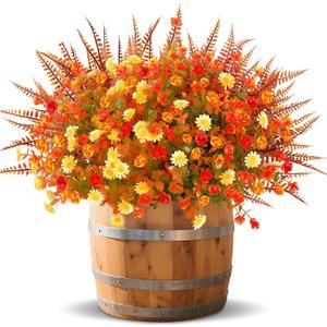 TURNMEON 12 Bundles Artificial Fall Flowers for Outdoors Fall Thanksgiving Decorations,UV Resistant Fake Mums Faux Fall Plants Plastic Orange Boston Fern Eucalyptus Home Gardens Porch Autumn Decor