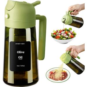 SWEET VIEW Olive Oil Dispenser and Oil Sprayer 16oz/470ml Glass Light-Proof Oil Pourer for Kitchen, Air Fryer, Cooking, Salad, and BBQ, Green