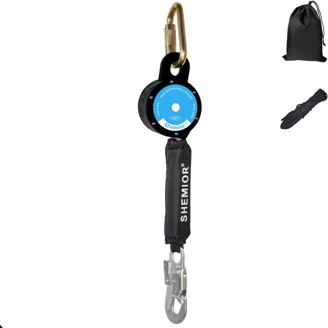 11FT Web Self Retracting Lifeline, Shemior No Tangle Lightweight Housing SRL External Shock Absorber, Self Retractable Safety Lanyard, Fall Arrest Protection PPE Gear, OSHA/ANSI Compliant