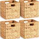 Layhit 4 Pcs Wicker Storage Basket Water Hyacinth Handwoven Baskets with Handles Foldable Woven Organizer Multipurpose Wicker Storage Bins for Bedroom Living Room(12 x 12 x 12'',Natural)