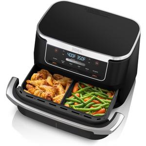 Ninja DZ071 Foodi 6-in-1 FlexBasket Air Fryer with 7-QT MegaZone & Basket Divider for Large Proteins & Full Meals, Smart Finish Cook 2 Foods 2 Ways, Family Sized Capacity, Air Fry, Roast & More, Black (7-QT With Flex Basket)