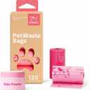 3 x Dog Poop Bags Rolls, 128 Count (8 Refills) - 60% Recycled Plastic Baby Powder Scented - Leak Proof, Extra Thick Waste Bag with Easy-Peel Sticker (Pink)