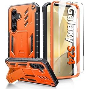 FNTCASE for Samsung Galaxy S24 Case: Military Grade Protective Cases with Kickstand | Rugged Drop Proof Shockproof Protection | Dual Layer Matte Textured TPU Phone Cover - 6.2 inches (Orange)