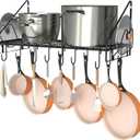 28 Inch Pot Rack Wall Mounted, Pots and Pans Organizer with 12 Hooks and 2 Pot Lid Holders, Heavy Duty Steel Pot and Pan Hanger for Kitchen Cookware Utensils Storage 34.7" Lx13 Wx12.6 H, Black