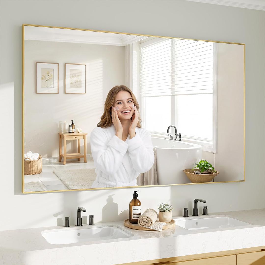 Koonmi Gold Mirrors for Wall, 36x48 Inch Bathroom Mirror, Rectangular Wall Mirror for Living Room Bedroom Bathroom, Hangs Horizontally or Vertically
