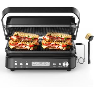 CATTLEMAN Panini Grill Press Sandwich Maker with Removable Plates, 1600W, 5 in 1 Smokeless Indoor Grill & Griddle with Meat Thermometer, PFAS Free Ceramic Nonstick Reversible Plates, Opens Flat