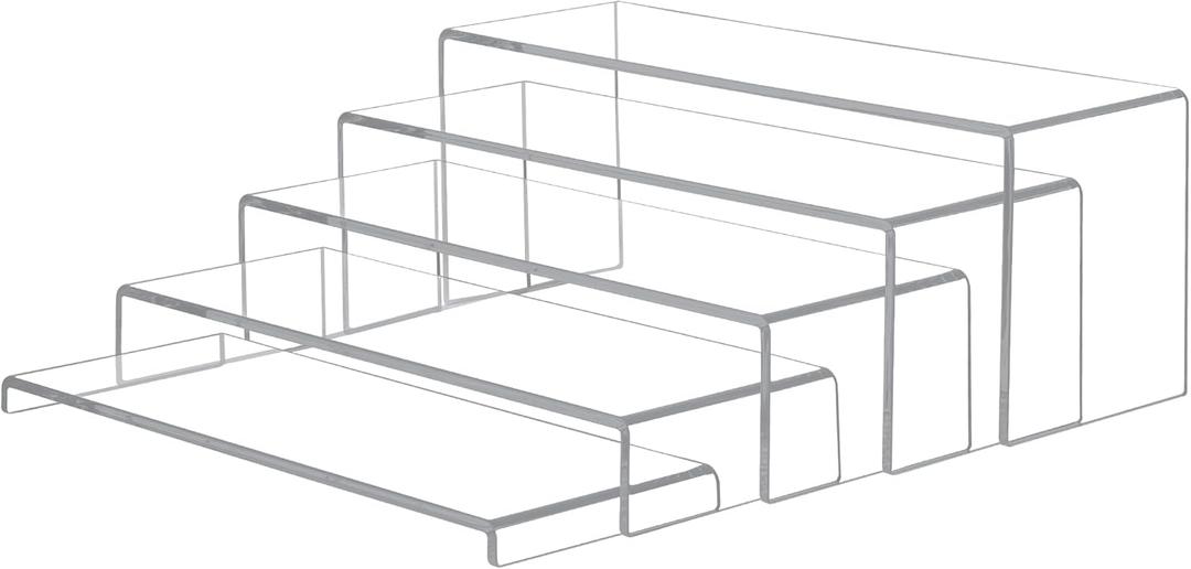 5 Pcs Large Acrylic Display Risers, (10" L~11" L~12" L) Perfume Organizer Stand With Silicone Pads, Stable Acrylic Risers Display Stands Shelf for Figures, Cupcakes, Collectibles, Food Display