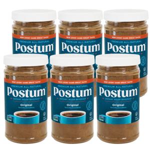 Postum Coffee Substitute Original (6x8oz) | Coffee Alternative Caffeine Free with Roasted Wheat Bran & Molasses | Natural, Non-GMO, Vegan Coffee Replacement Drink | Gourmet & Pantry Pack, Best By: 04/28/2028