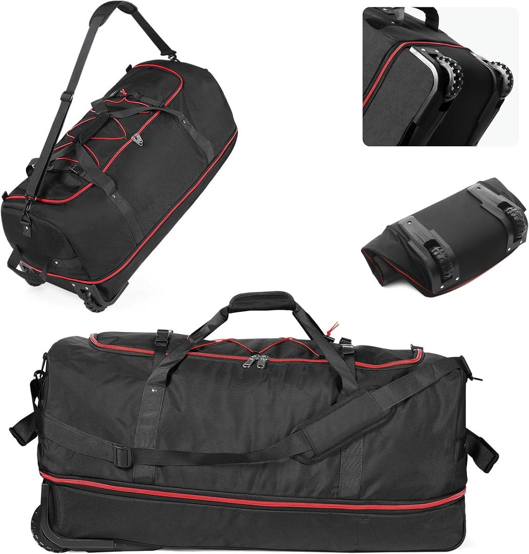CONTAIL 32-Inch Rolling Duffle Bag, Expandable 110L-140L Capacity, Soft-Sided Foldable Design with Dual Wheels, No Traditional Telescoping Handle, for Travel, Business, Camping,Black-red