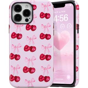 DEFBSC Case for iPhone 15 Pro, Cute Pink Bow Cherry Print Aesthetic Trendy Pattern for Women Girls Slim Durable Bumper Shockproof for iPhone 15 Pro Case, Cherry/Glossy
