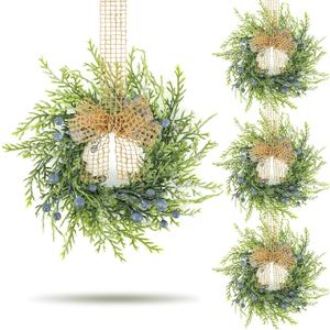 4 PCS Small Winter Blue Berry Cabinet Wreath Artificial Mini Kitchen Wreaths Vintage Swags Wreath with Retro Burlap Ribbon for Farmhouse Rustic Home Front Door Window Pillar Wedding Chair Wall