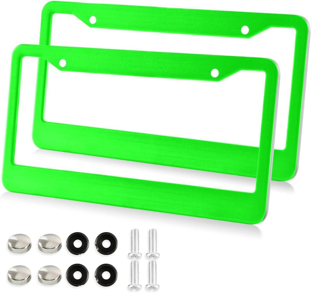 Kigai Plain Neon Green Solid Color License Plate Frames 2PCS Car License Plate Holder with Screw Caps Set Automotive Parts Decoration for US Vehicles