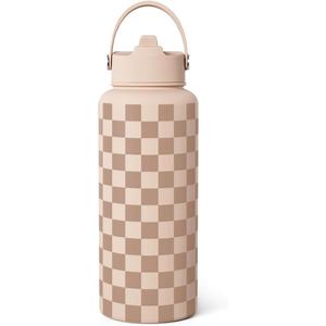 Checkerboard Water Bottle 32oz Stainless Steel with Lid & Straw, Beige Checker Insulated Bottles for Women Girls, Gift Idea for Christmas Birthday