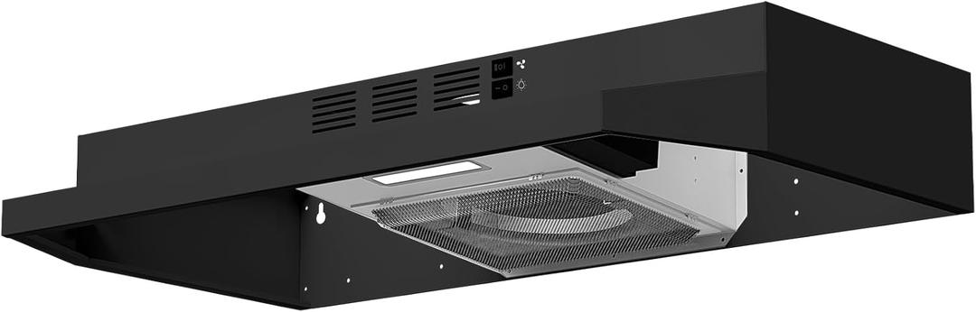 Stainless Steel Under Cabinet Range Hood, Slim Kitchen Vent Hood Ducted/Ductless Convertible with 2 Speed Exhaust Fan, 3-Layer Aluminum Filters,LED Lights (Black, 30)