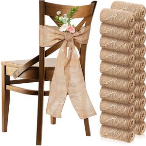 Jecery 50 Pcs Burlap Chair Bows Sashes Ribbon Pack Wedding Natural Chair Sashes 108 x 6 Inch Rustic Jute Bow Ribbon Ties for Home Anniversary Banquet Wedding DIY Party Event Decoration