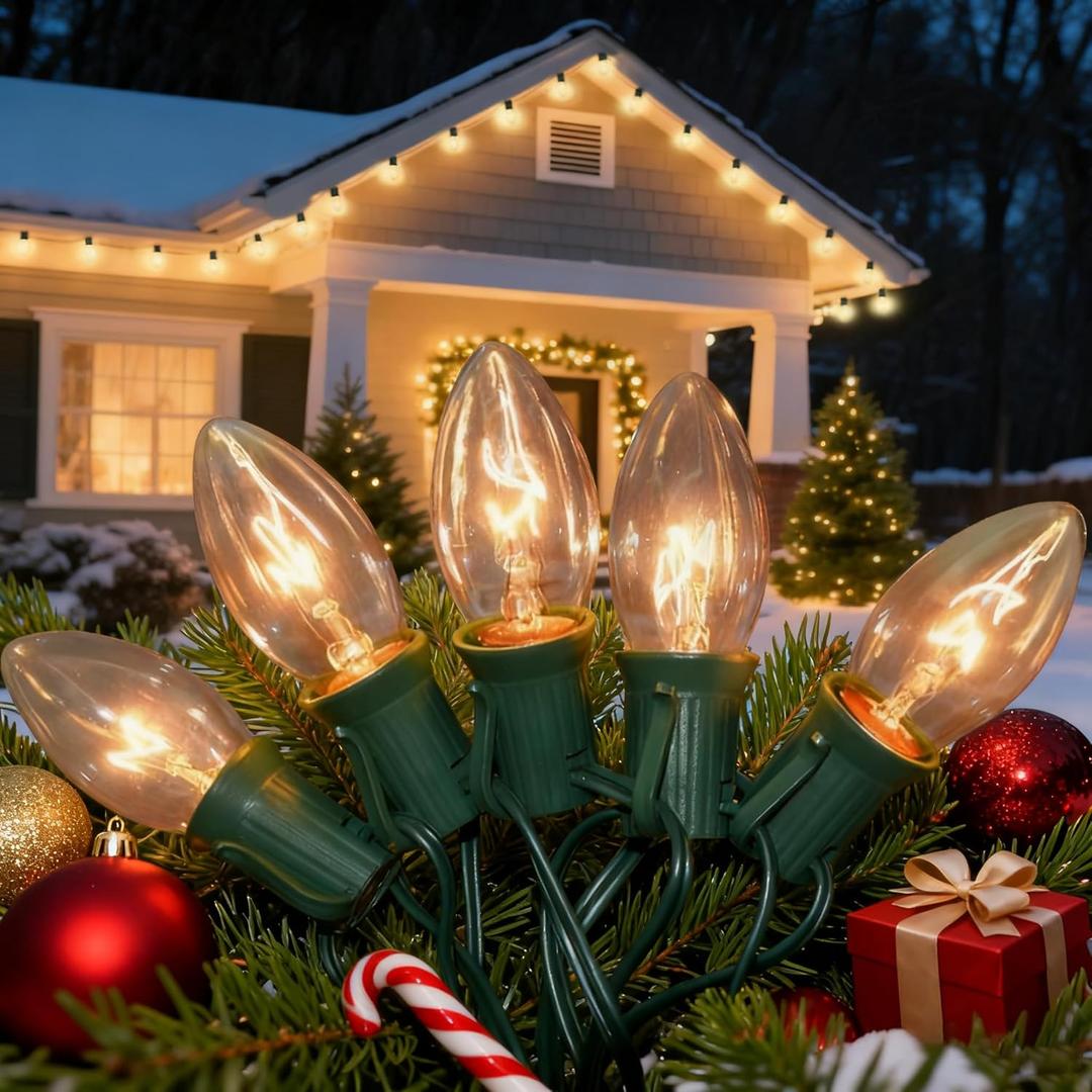 C9 Clear Christmas Lights, 25Ft Vintage Outdoor String Lights with 26 C9 Clear Bulbs, Hanging Christmas Roofline Lights for Outdoor Halloween Christmas Patio, Cafe, Party Decor- Green