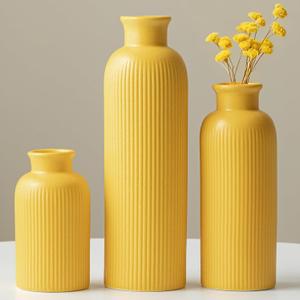 Modern Ceramic Vase Set, Yellow Ribbed Matte Design, 3-Piece Decorative Vases for Home, Living Room, Office (Yellow)