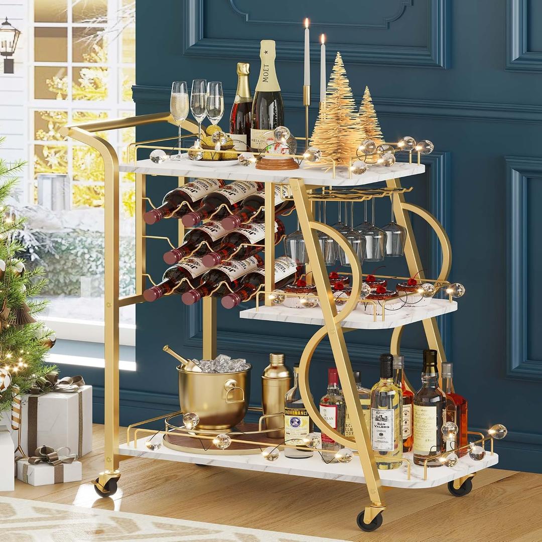 Bar Cart, Gold Bar Carts for The Home, Serving Cart with Wine Glass Holder, 3-Tier Drink Carts with Wheels, Rolling Beverage Trolley for Kitchen, Dining, Living Room (Gold & Marbleized White), 16.65"D x 35.43"W x 36.06"H