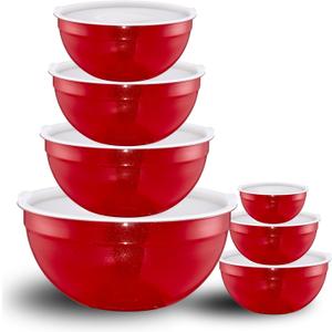Red Mixing Bowls with Lids Set of 7, Stainless Steel Nesting Bowl with Khaki Lid for Non-slip Mixing Prepping Storing Serving, 7 Sizes-7/3.6/2.7/2.1/1.5/1/0.8 QT