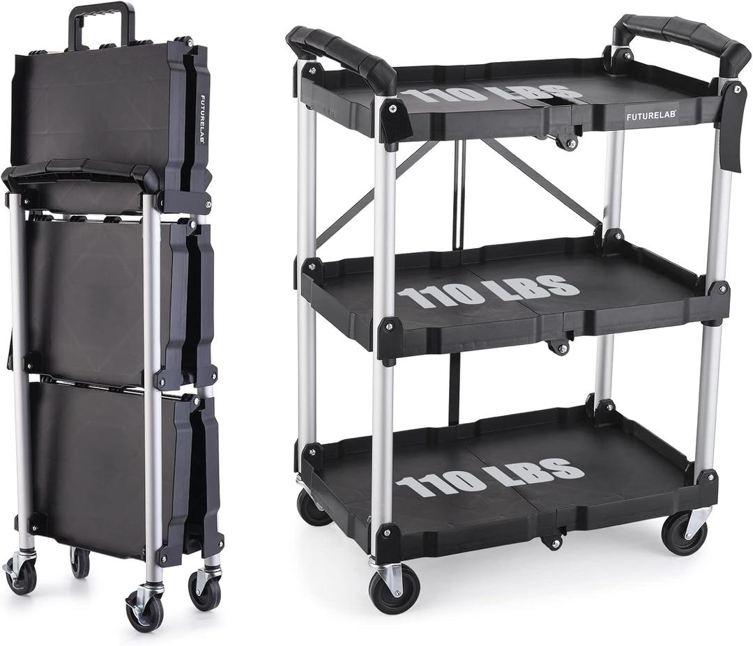 FUTURELAB Portable Folding Service Cart - 3 Tier 330LBS Capacity - Rolling Utility Foldable Cart with Wheels for Warehouse Home Workshops Garages Restaurants Offices (Black)
