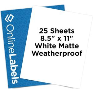 Waterproof Sticker Paper, 25 Sheets, White Matte Vinyl-Like, 8.5" x 11" Full Sheet Label, Works with Inkjet Printers Only, Compatible with Electronic Cutting Machines, OL177WJ, Online Labels