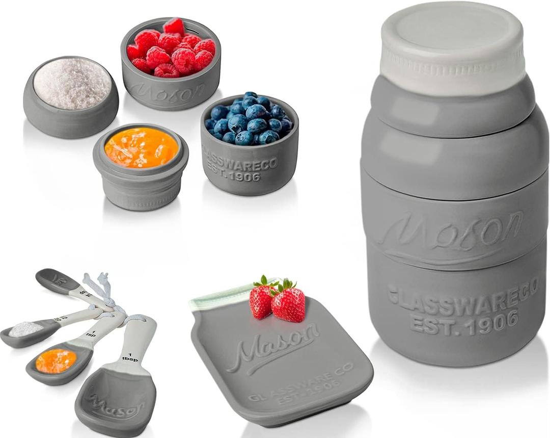 Comfify Mason Jar Kitchenware  4 Measuring Cups, 4 Spoons, Spoon Rest  Vintage Ceramic in Gray